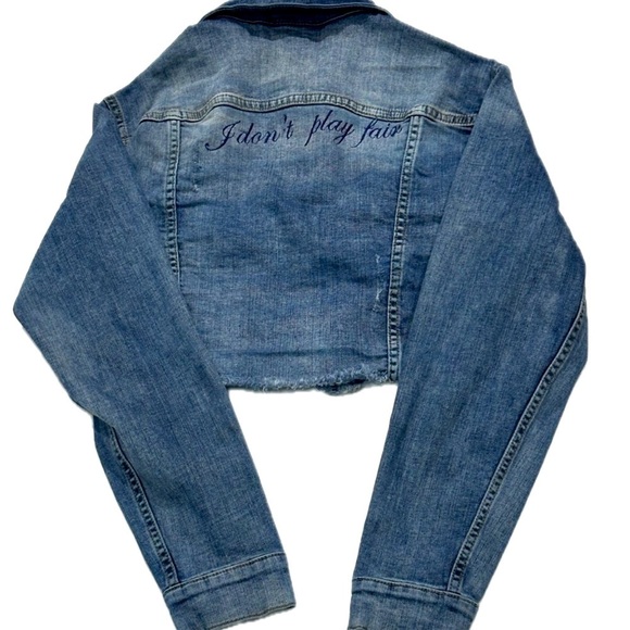 🧥🛹 GUESS Vintage Cropped Denim Jacket | Size L | Embroidered Patches 2000s - Picture 2 of 7